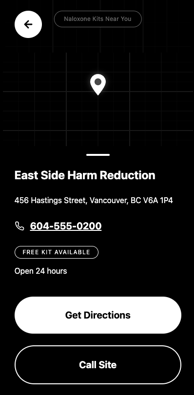 Location detail with address, hours, and directions